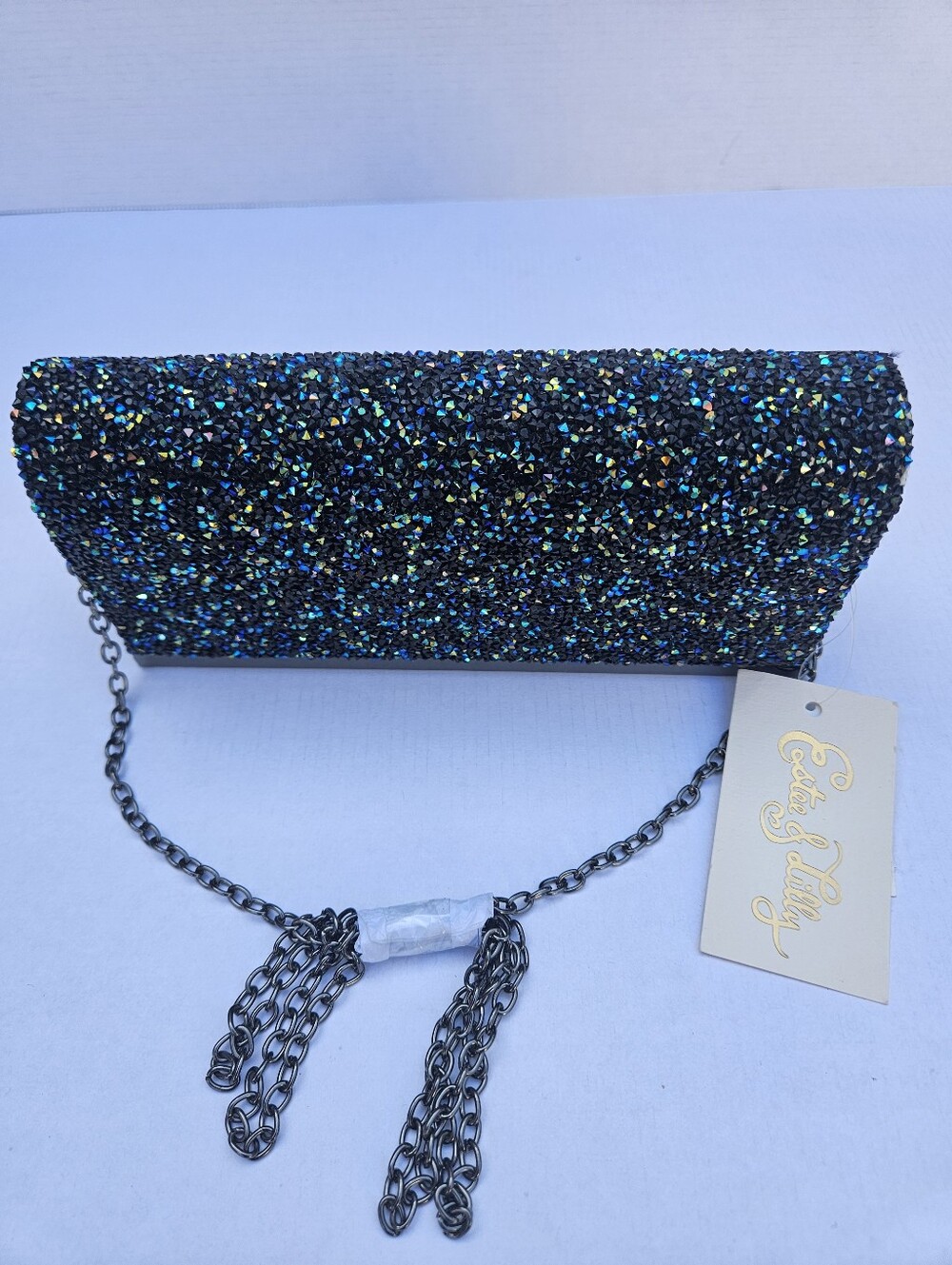 Estée & Lilly Black Iridescent Crystal Rhinestone Evening Clutch Chain Bag NWT
